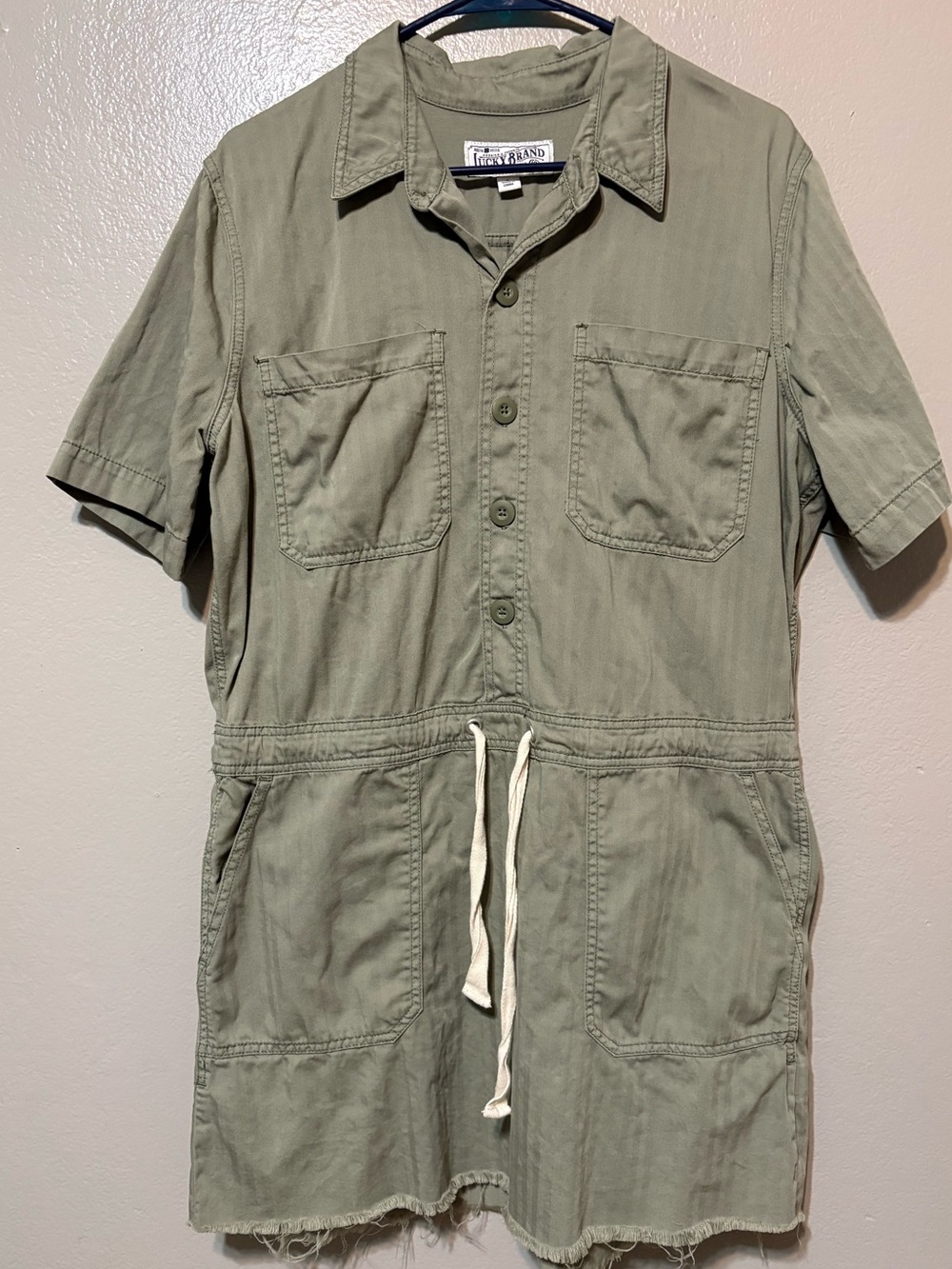 Adorable Lucky Brand Utility Short Sleeve Dress in a light Olive Green Size L